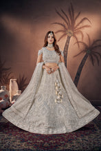 Load image into Gallery viewer, Off White Zari Sequence Handwork Bridal Lehenga With Blouse &amp; Dupatta