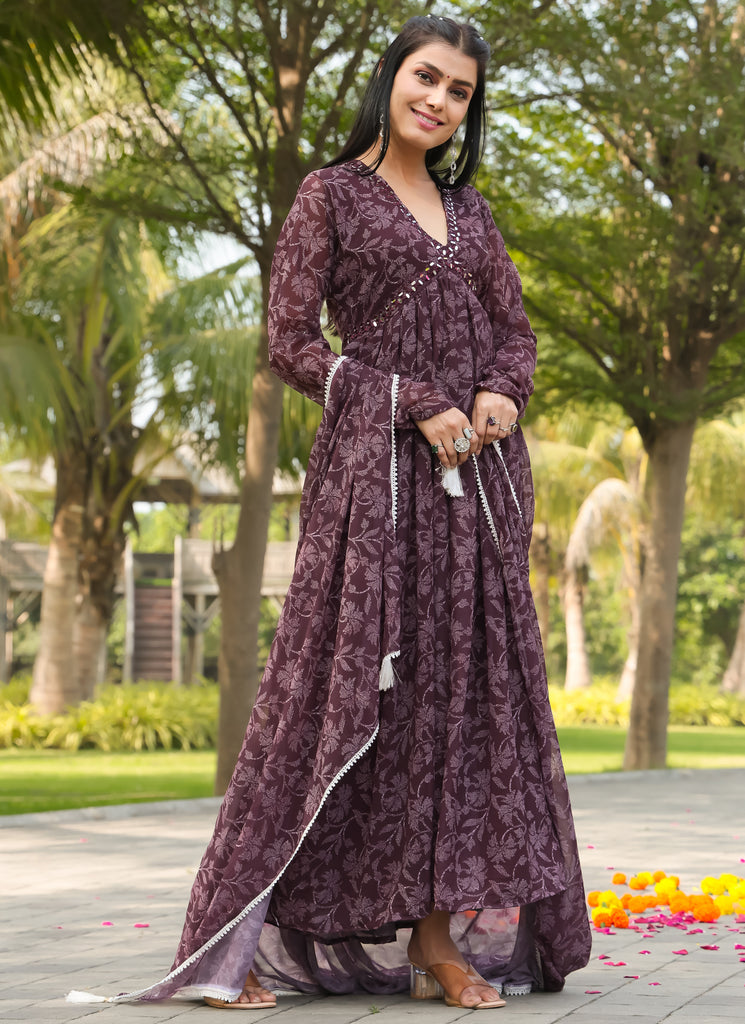 Fancy Floral Printed Wine Color Georgette Gown with Dupatta - Diva D London LTD