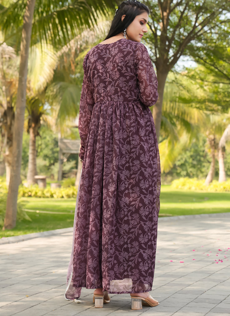 Fancy Floral Printed Wine Color Georgette Gown with Dupatta - Diva D London LTD