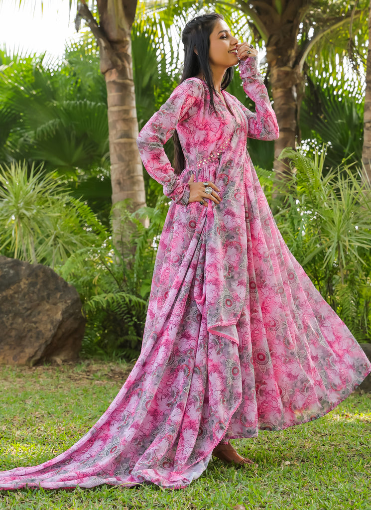 Floral Printed Pink & Grey Color Georgette Gown with Dupatta - Diva D London LTD