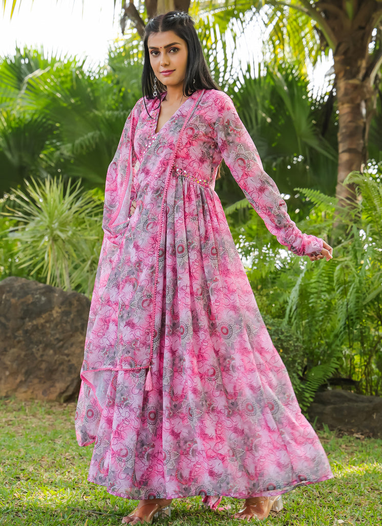 Floral Printed Pink & Grey Color Georgette Gown with Dupatta - Diva D London LTD