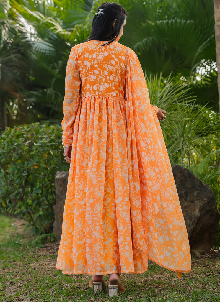 Orange Color Floral Georgette Gown with Dupatta - Diva D London LTD