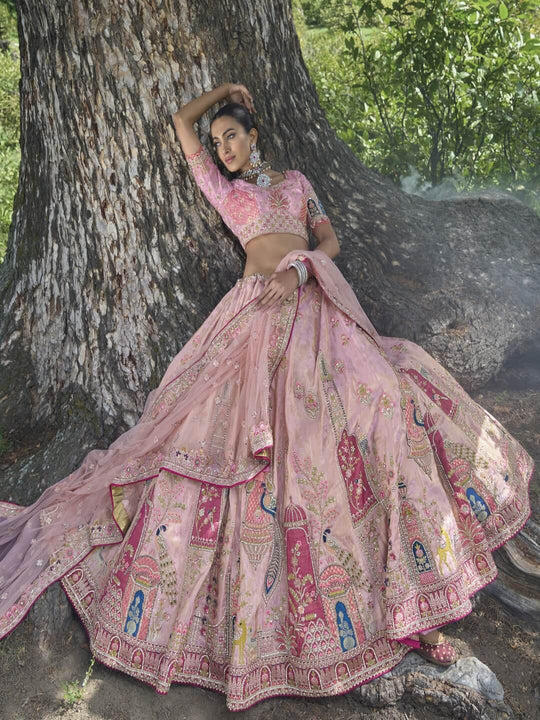 Pink & Baby Blue Silk Resham Embroidered Panelled Lehenga With Matching Duppata