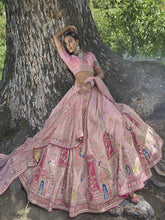 Load image into Gallery viewer, Pink &amp; Baby Blue Silk Resham Embroidered Panelled Lehenga With Matching Duppata