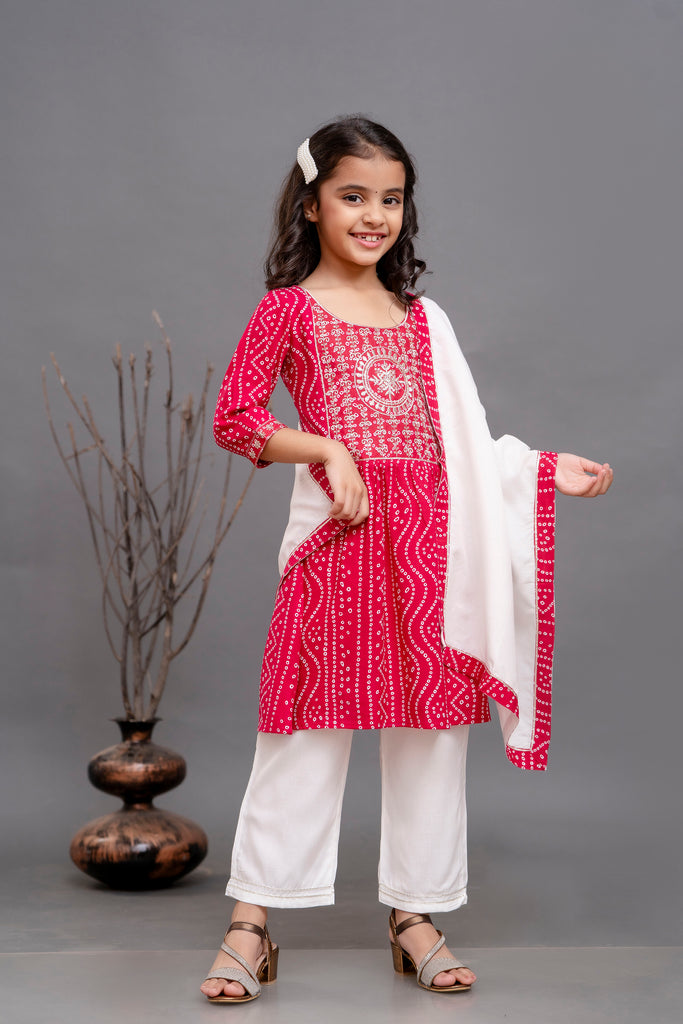 Red Bandhani Printed Girls Kurta Pant Set With Duppata