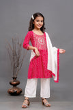 Red Bandhani Printed Girls Kurta Pant Set With Duppata