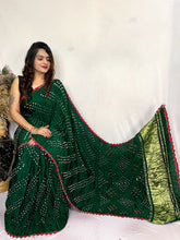 Load image into Gallery viewer, Emerald Green Handwork Bandhej Saree With Lagda Patti Border