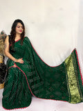 Emerald Green Handwork Bandhej Saree With Lagda Patti Border