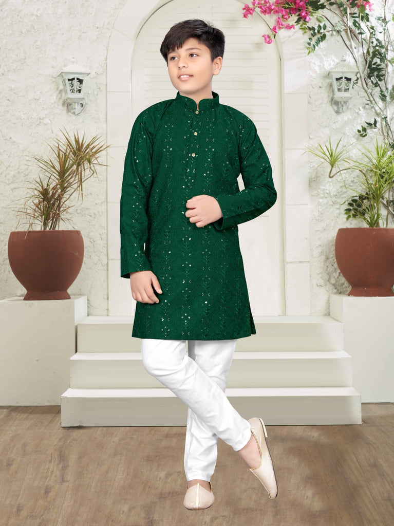 Green Cotton Sangeet Wear Sequins Embroidered Kids Kurta Pajama