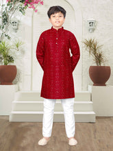Load image into Gallery viewer, Deep Red Cotton Embroidered Kid&#39;s Kurta Pajama