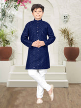 Load image into Gallery viewer, Navy Cotton Sangeet Wear Sequins Embroidered Kids Kurta Pajama