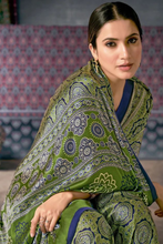 Load image into Gallery viewer, Olive Green Digital Printed Ajrakh Satin Crepe Saree