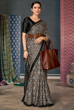 Load image into Gallery viewer, Black Multi Floral Print Crepe Ajrakh Saree