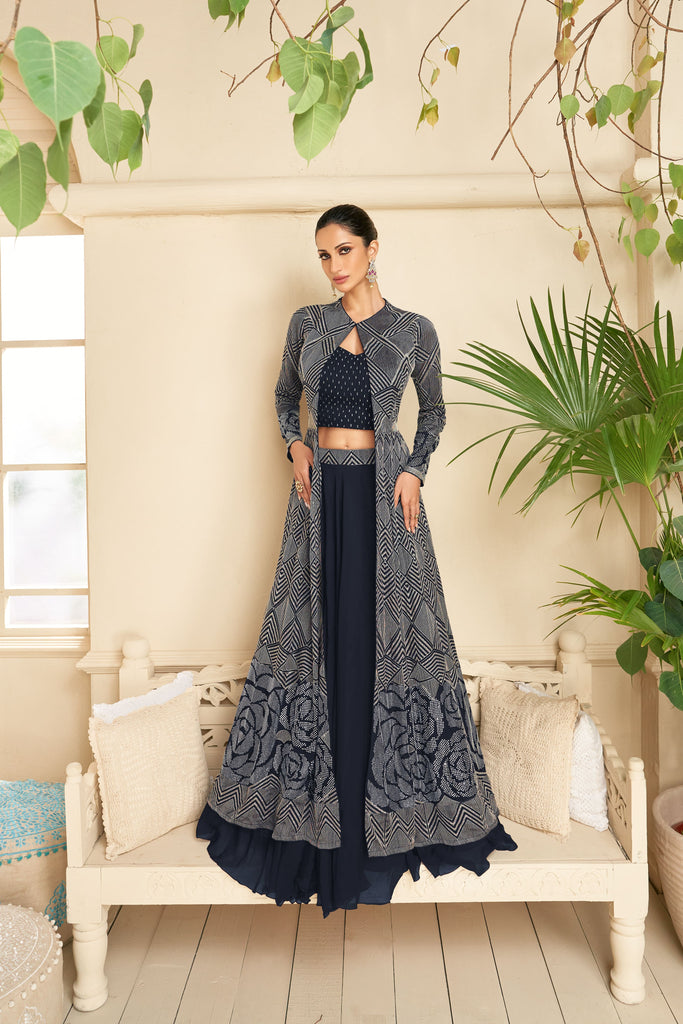 Navy Blue Indo Western  Wear Suit With Embroidered Ethnic Jacket