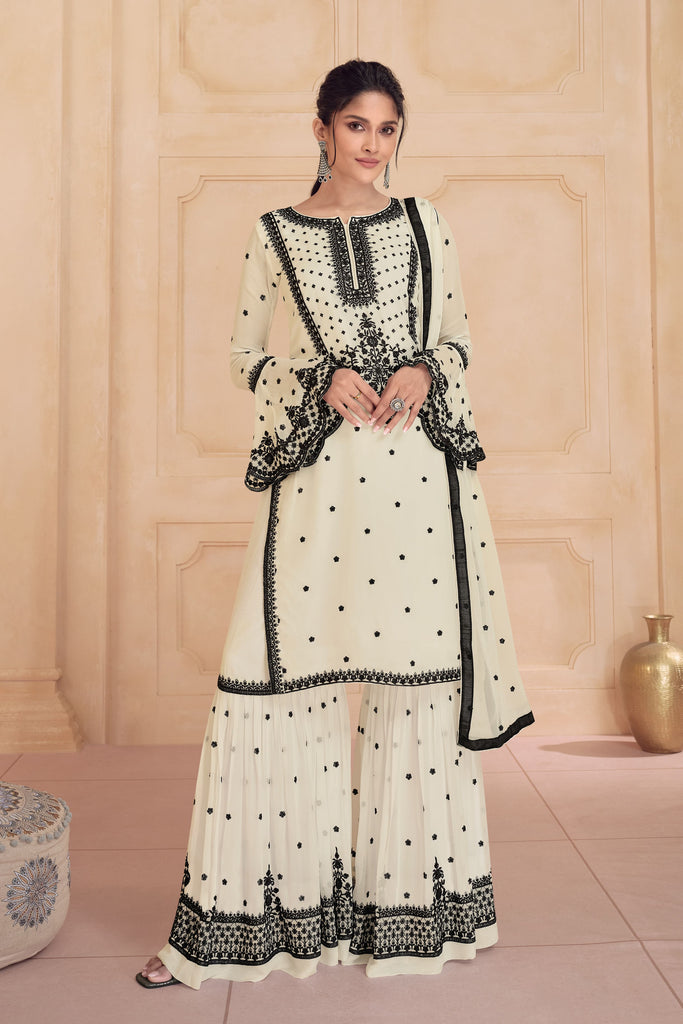 White and Black Party Wear Palazzo Suit With Embroidery Work