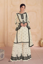 Load image into Gallery viewer, White and Black Party Wear Palazzo Suit With Embroidery Work