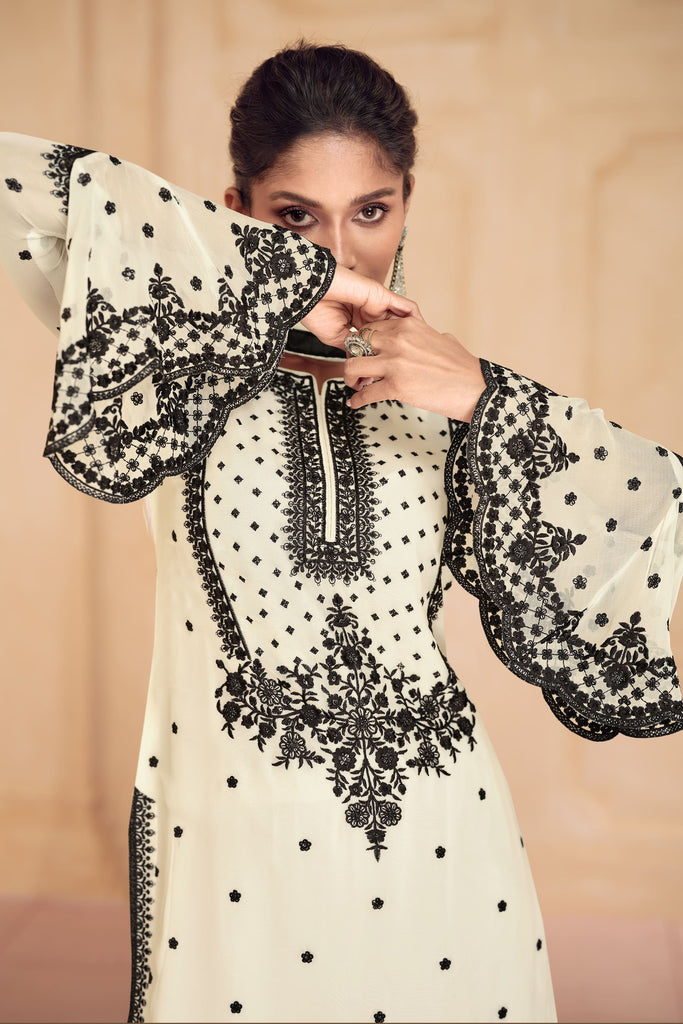 White and Black Party Wear Palazzo Suit With Embroidery Work