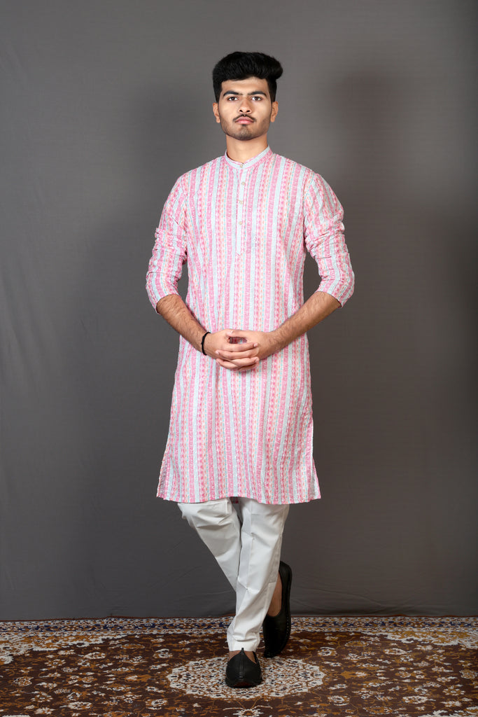 Pink And White Lakhnavi Kurta For Men