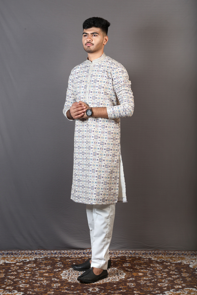 Multi Colored Lakhnavi Printed Kurta Pajama