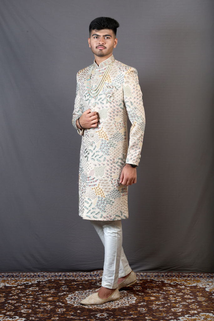 Beige With Multi Color Mens Sherwani