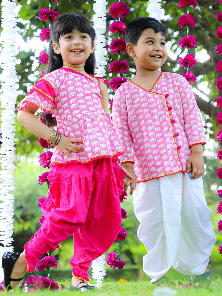 Girl’s Pink Mira Frilly Sleeves Peplum Top with Dhoti