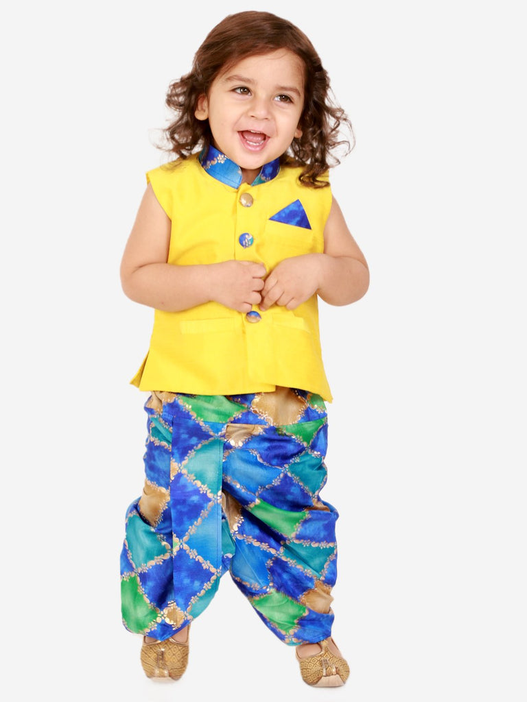 Boy’s Yellow and Blue Festive Jacket With Dhoti