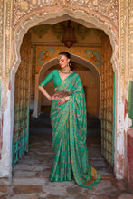 Load image into Gallery viewer, Sea Green Ajrak Printed Georgette Brasso Saree