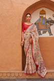 Beige And Maroon Floral Hand Painted Brasso Saree