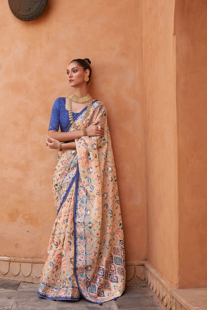 Beige And Navy Blue Floral Hand Painted Brasso Saree