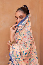 Load image into Gallery viewer, Beige And Navy Blue Floral Hand Painted Brasso Saree