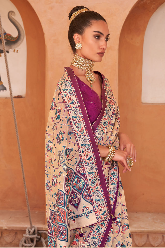 Beige And Fushia Floral Hand Painted Brasso Saree
