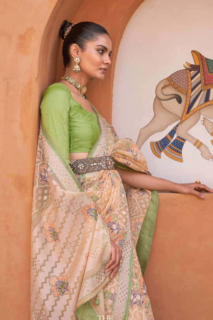 Sand Brown And Green Floral Brasso Saree