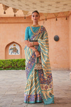 Load image into Gallery viewer, Cream And Light Blue Leheriya Print Traditional Designer Saree