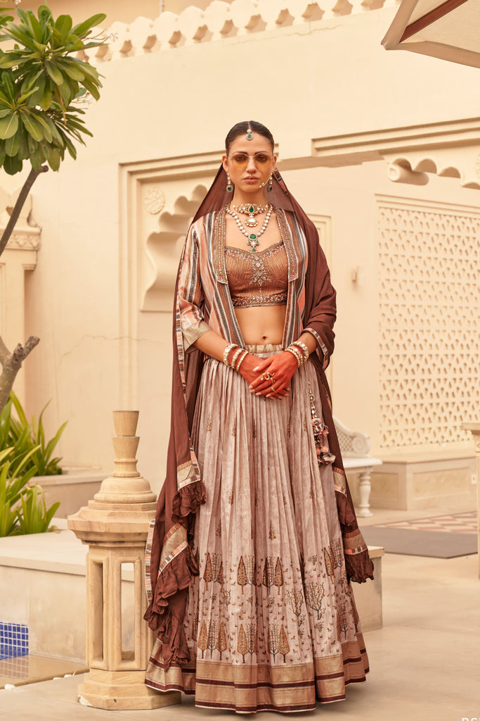 Couple matching Light Brown Indo-Western Sherwani and Lehenga Set Embroidered In Silk