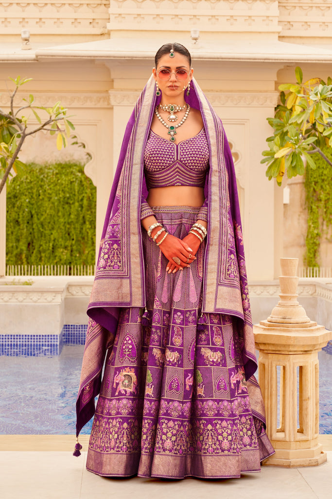 Couple Matching Orchid Purple Wedding Wear Silk Lehenga and Sherwani Set With Beads And Sequins Work