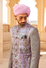 Load image into Gallery viewer, Grey And Purple Two Toned Couple Matching Grey Wedding Silk Anarkali and Sherwani Set With Beads And Sequins Work
