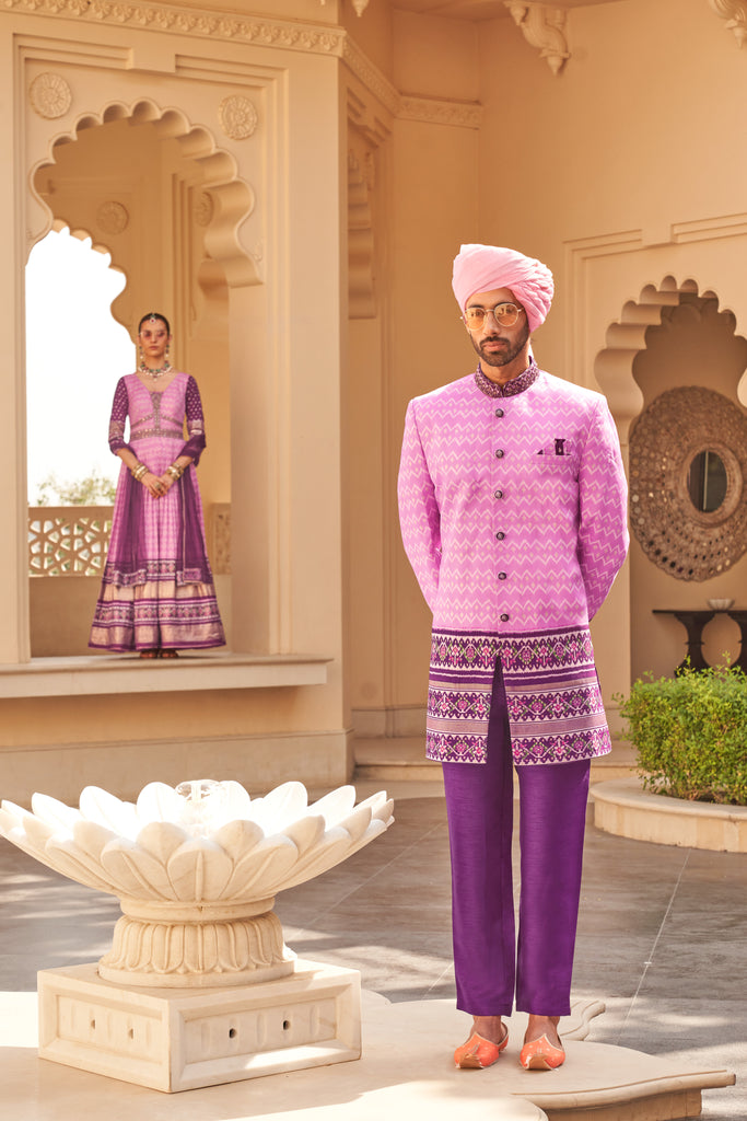 Pink And Purple Couple Matching Grey Wedding Silk Anarkali and Sherwani Set With Beads And Sequins Work