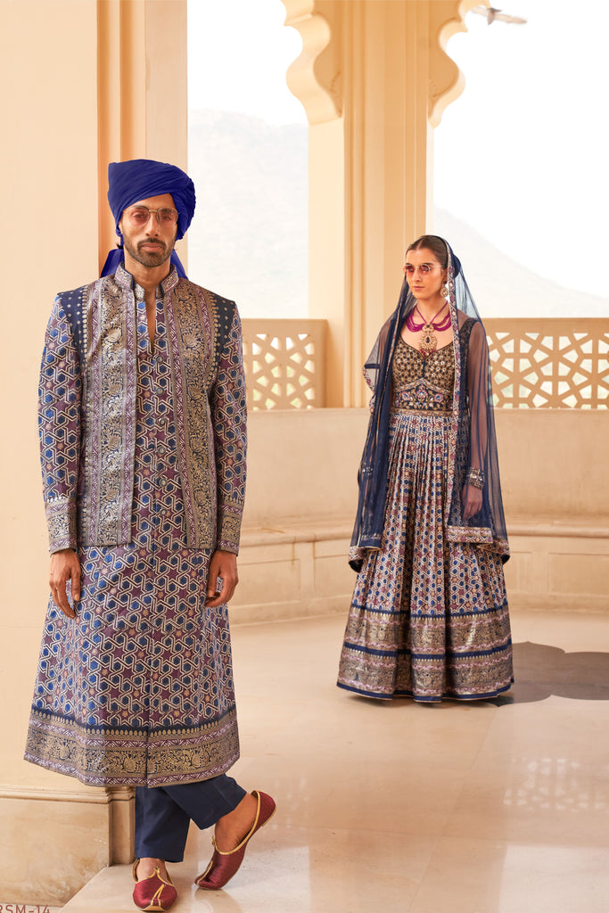 Couple Matching Royal Blue Wedding Wear Silk Anarkali Suit and Sherwani With Beads And Sequins Work