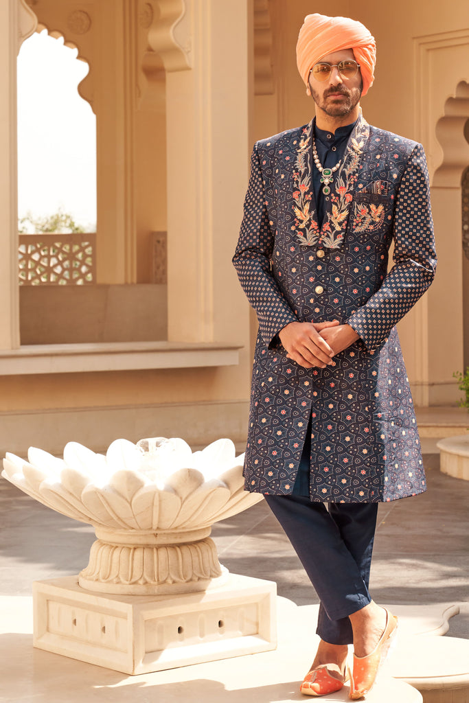 Couple Matching Navy Blue Wedding Wear Silk Anarkali and Sherwani With Beads And Sequins Work