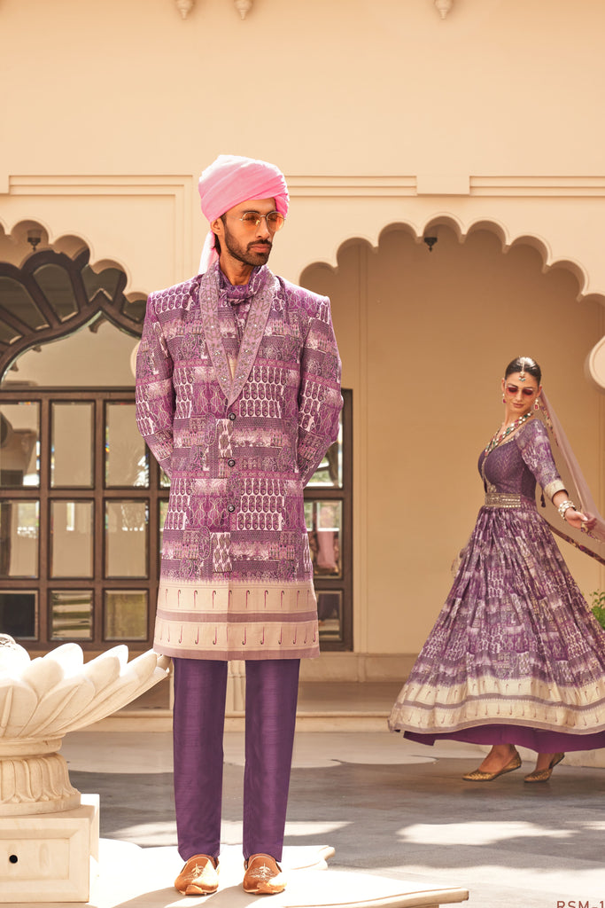 Couple Matching Aubergine Purple Wedding Wear Silk Anarkali Suit and Sherwani With Beads And Sequins Work
