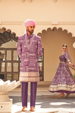 Load image into Gallery viewer, Couple Matching Aubergine Purple Wedding Wear Silk Anarkali Suit and Sherwani With Beads And Sequins Work