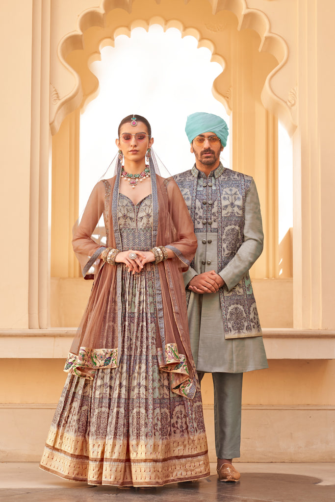 Couple Matching Grey Wedding Silk Anarkali and Sherwani Set With Beads And Sequins Work