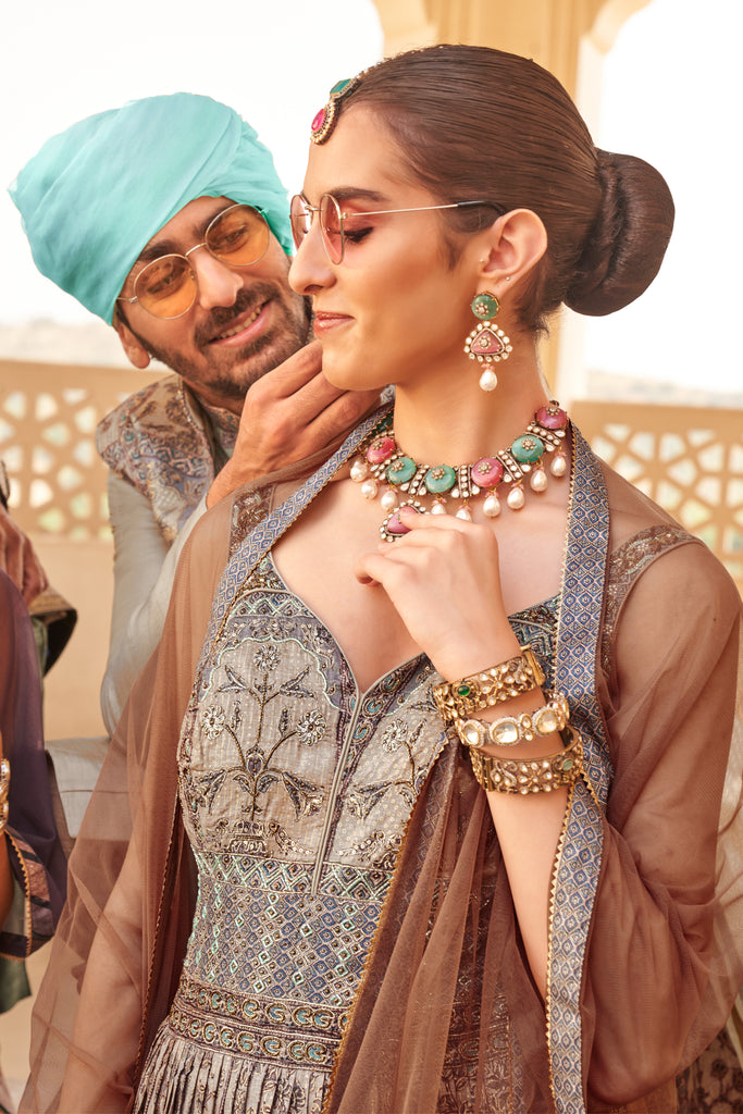 Couple Matching Grey Wedding Silk Anarkali and Sherwani Set With Beads And Sequins Work