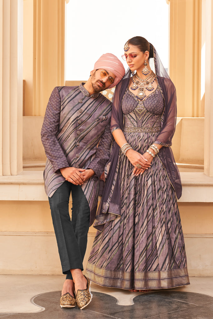 Navy Blue Two Toned Couple Matching Grey Wedding Silk Anarkali and Sherwani Set With Beads And Sequins Work