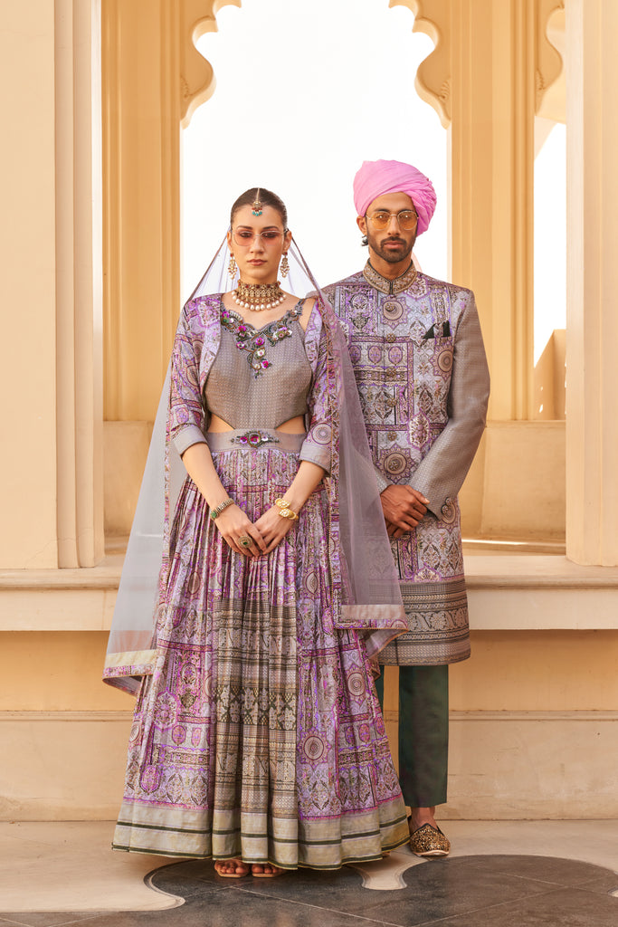 Grey And Purple Two Toned Couple Matching Grey Wedding Silk Anarkali and Sherwani Set With Beads And Sequins Work
