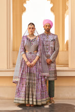 Load image into Gallery viewer, Grey And Purple Two Toned Couple Matching Grey Wedding Silk Anarkali and Sherwani Set With Beads And Sequins Work