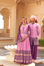Load image into Gallery viewer, Pink And Purple Couple Matching Grey Wedding Silk Anarkali and Sherwani Set With Beads And Sequins Work