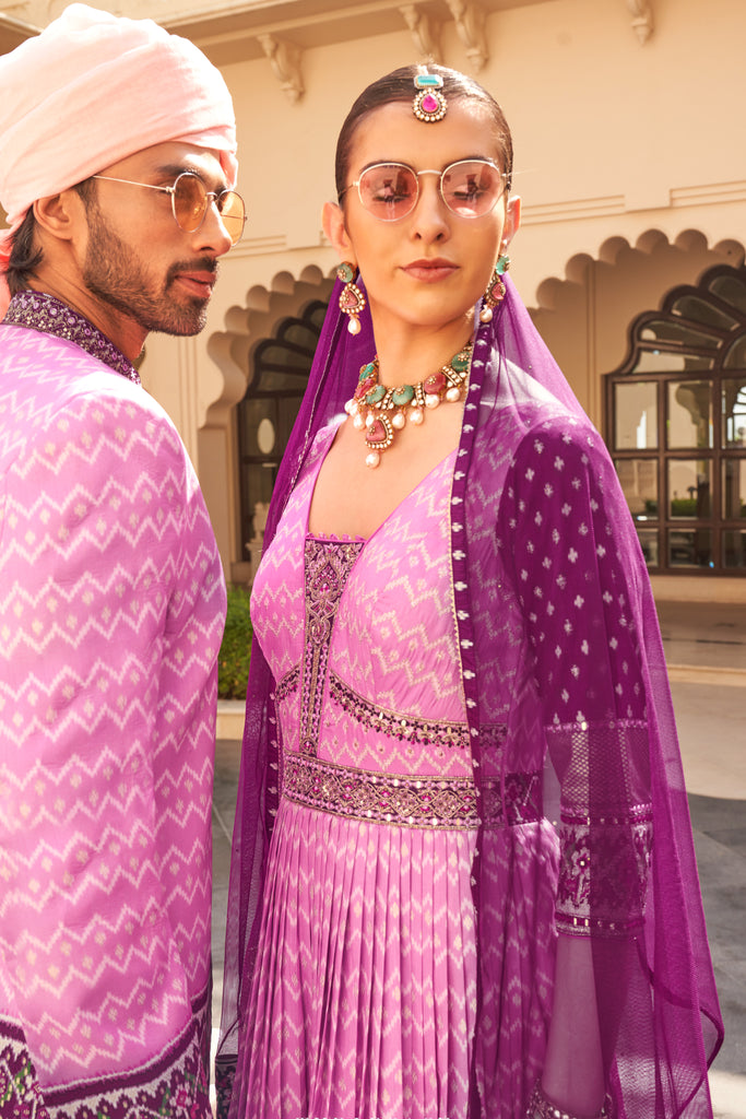 Pink And Purple Couple Matching Grey Wedding Silk Anarkali and Sherwani Set With Beads And Sequins Work