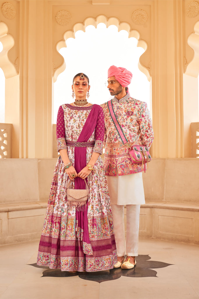 Couple Matching Magenta Pink Anarkali and Sherwani With Beads And Sequins Work