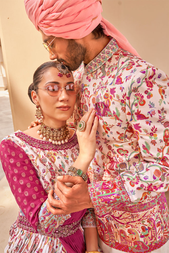 Couple Matching Magenta Pink Anarkali and Sherwani With Beads And Sequins Work